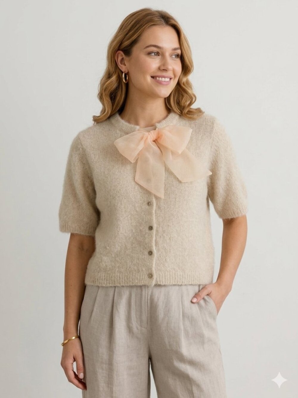 Greige Soft Knit Cardigan in Beige with Organza Bow